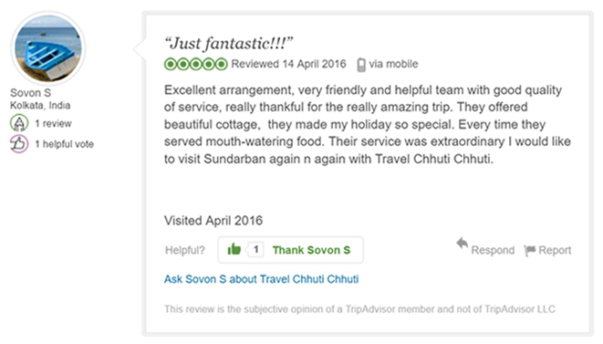 Excellent arrangement, very friendly and helpful team with good quality of service, really thankful for the really amazing trip. They offered beautiful cottage,  they made my holiday so special. Every time they served mouth-watering food. Their service was extraordinary I would like to visit Sundarban again n again with Travel Chhuti Chhuti.
